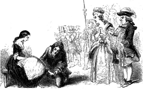Cinderella Tries on the Slipper, Which Fits Her Delicate Foot,
to The Great Astonishment of Her Family.