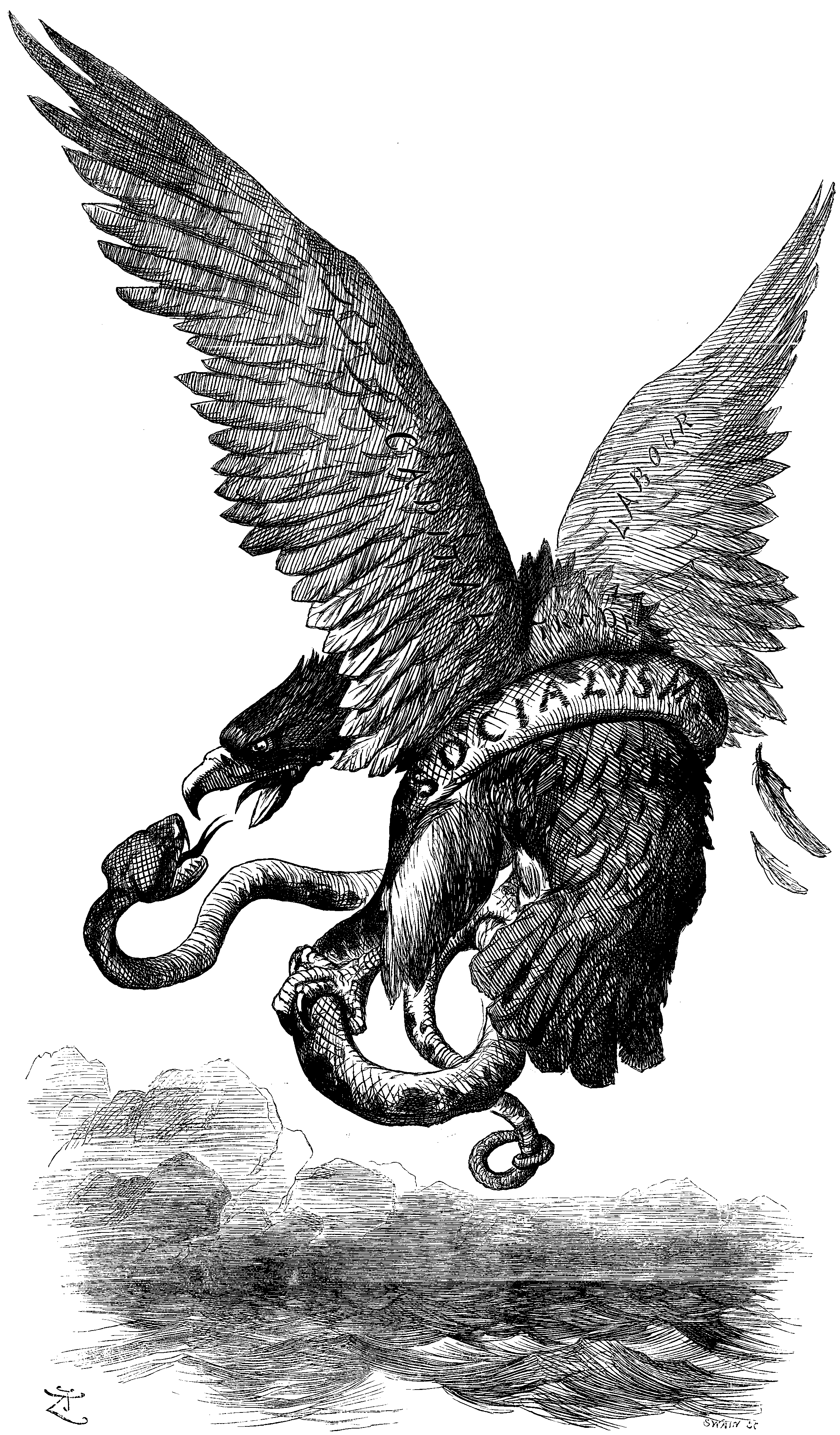 The eagle winged of Capital and Labour wreathed in fight with the serpent of Socialism.