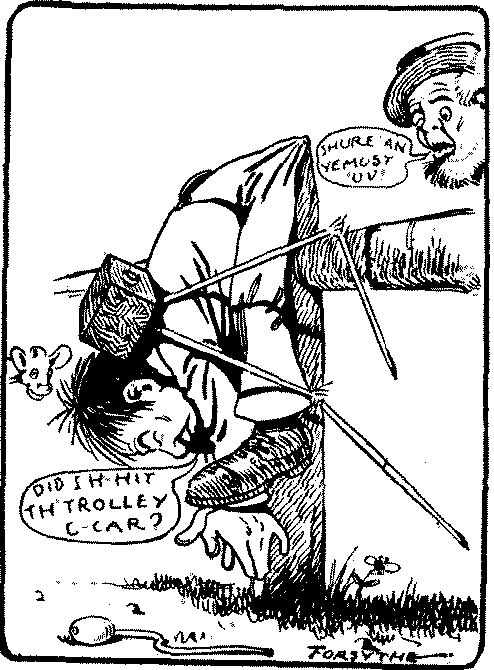 Poor B. hanging by his pantaloons on a fence-post.