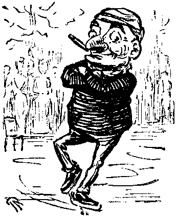 Mr. Punch, smoking a cigar while ice-skating.