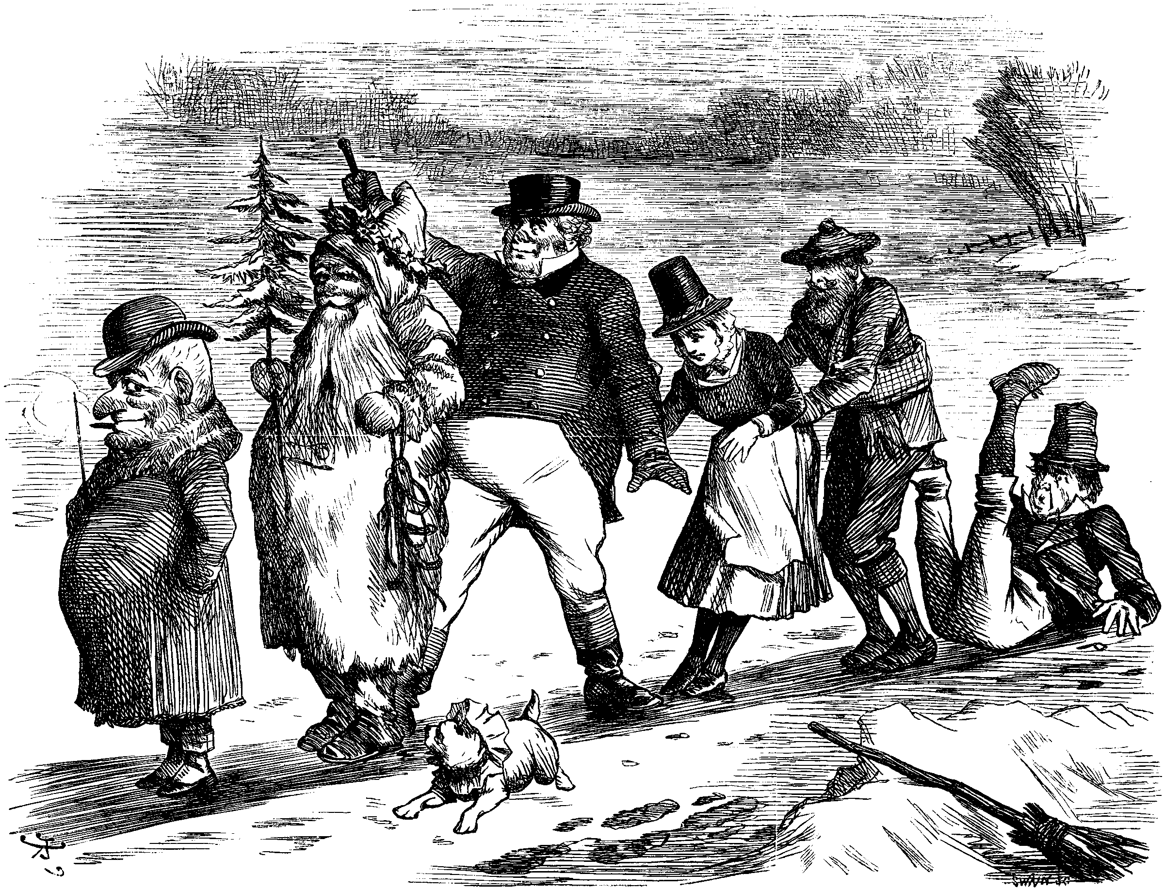 Mr. Punch, Father Christmas, John Bull, a lass, Sandy, and Paddy.