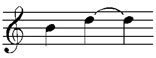 Musical staff: treble clef, quarter notes B, D-ligature-D.