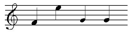 Musical staff: treble clef, quarter notes F, E, G, G.