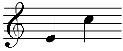Musical staff: treble clef, quarter notes E, C.