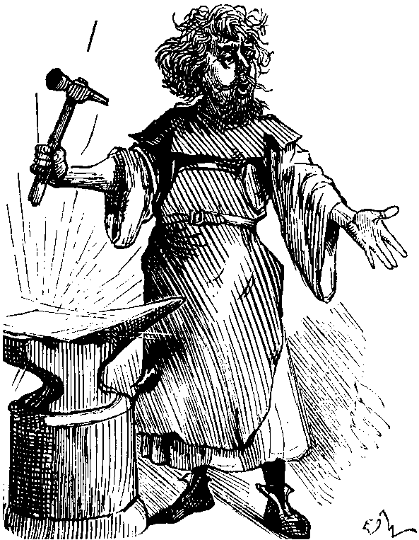 Libretto by Smith. As he appears in Act III., 'hammering at it.'