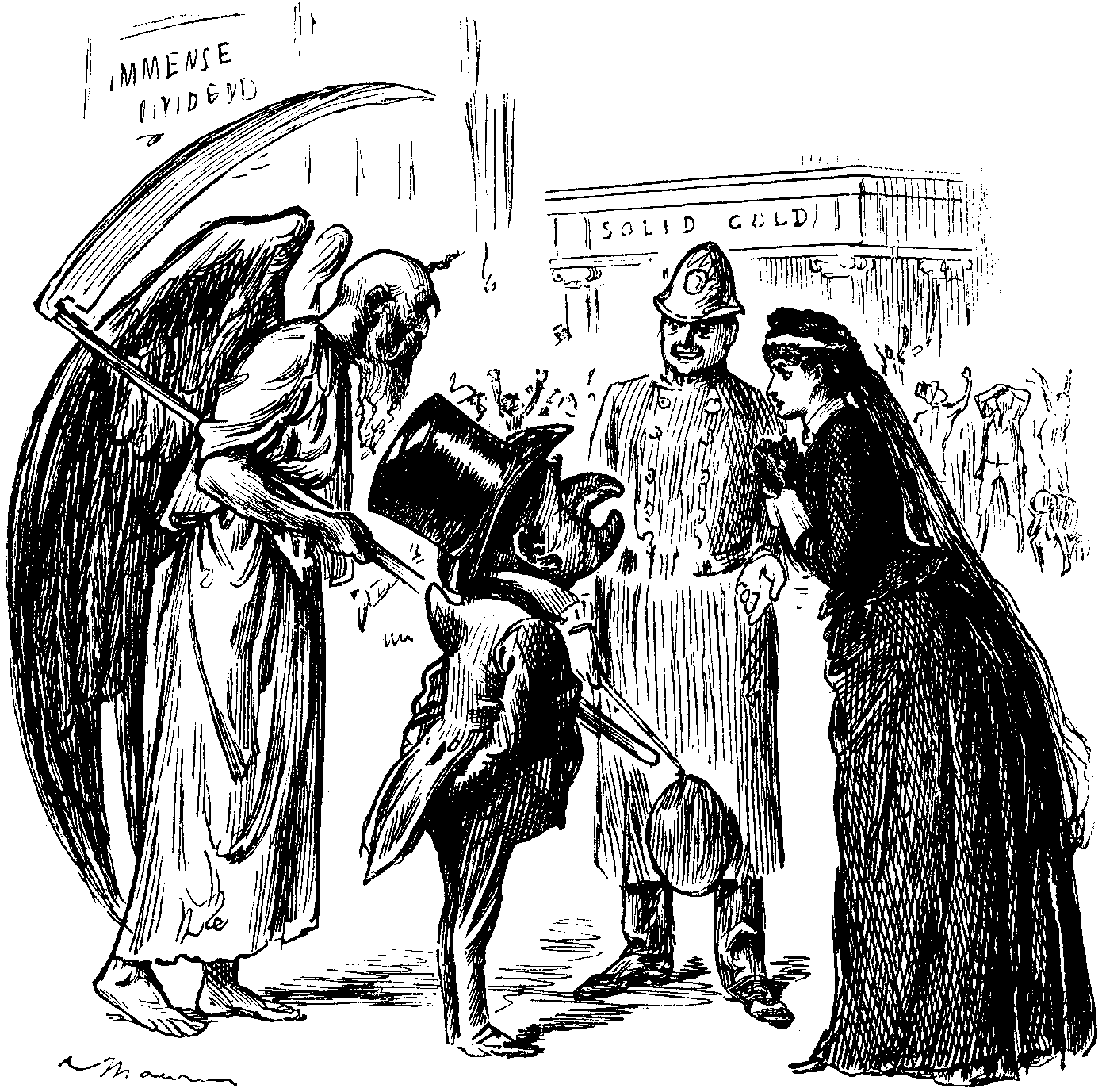 Father Time and Mr. Punch confer with a policeman and a widow.