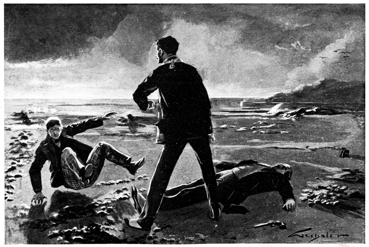A man lies dead on a beach, another falls backwards, and a third stands over them.