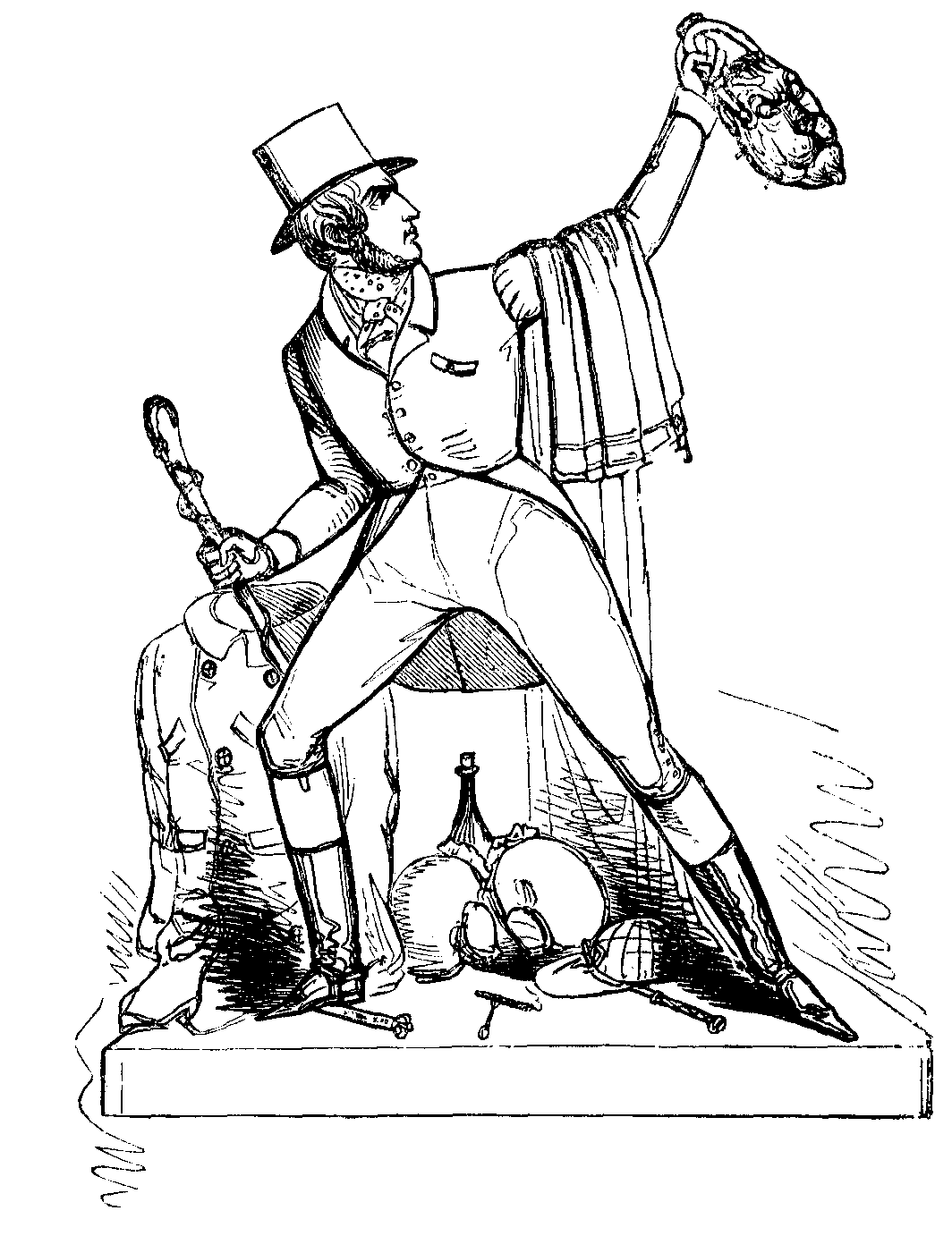 A statue of a gentleman holding a lion-faced door-knocker in the air.