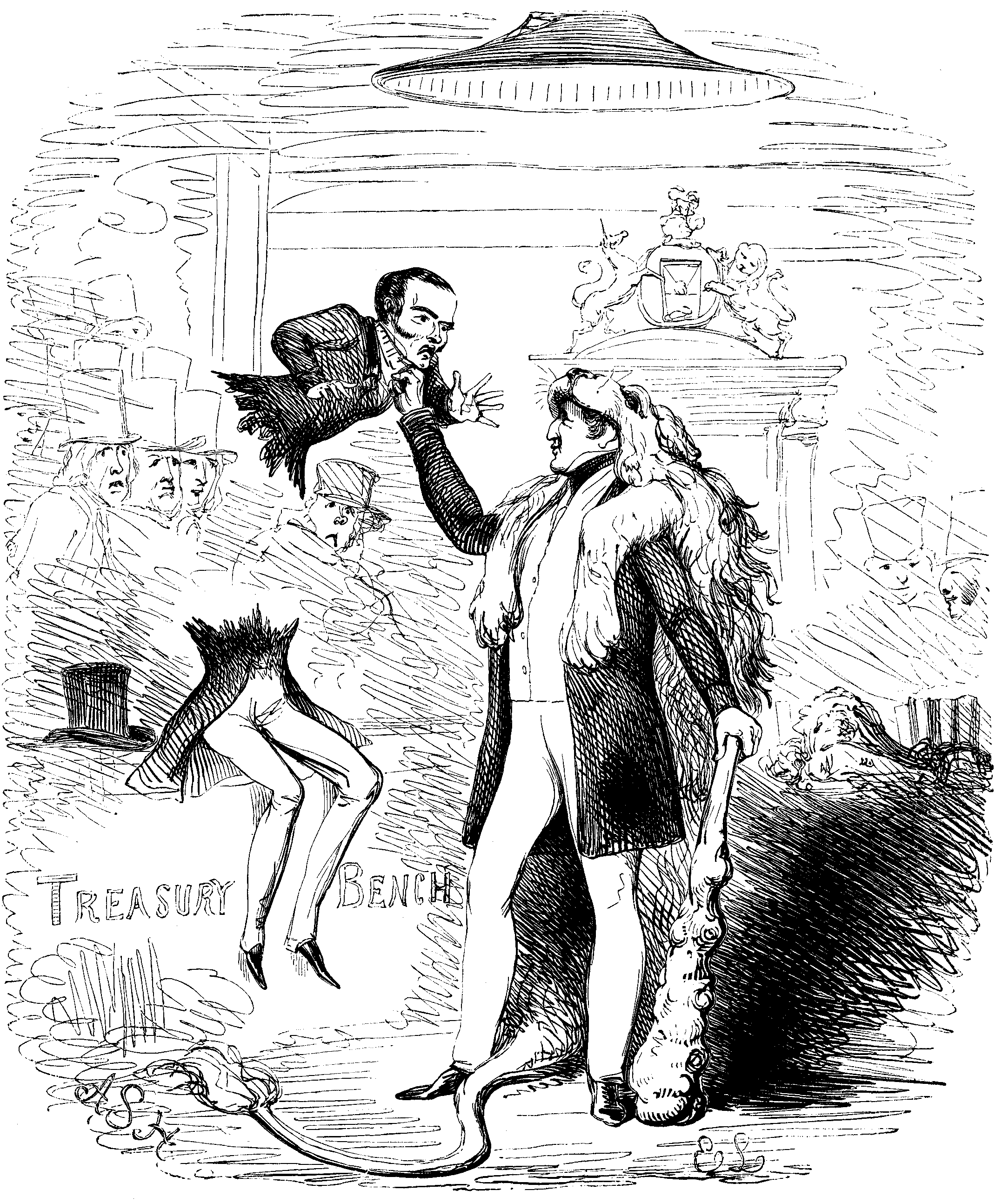 A man in a lion's skin holding up the upper half of a smaller man. The bottom half of the small man remains on a bench marked TREASURY BENCH