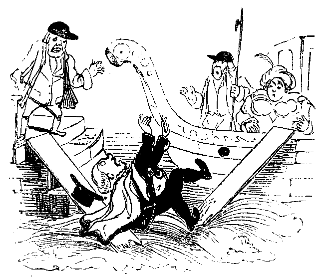 A fellow falling into the water while crossing a (broken) plank into a boat