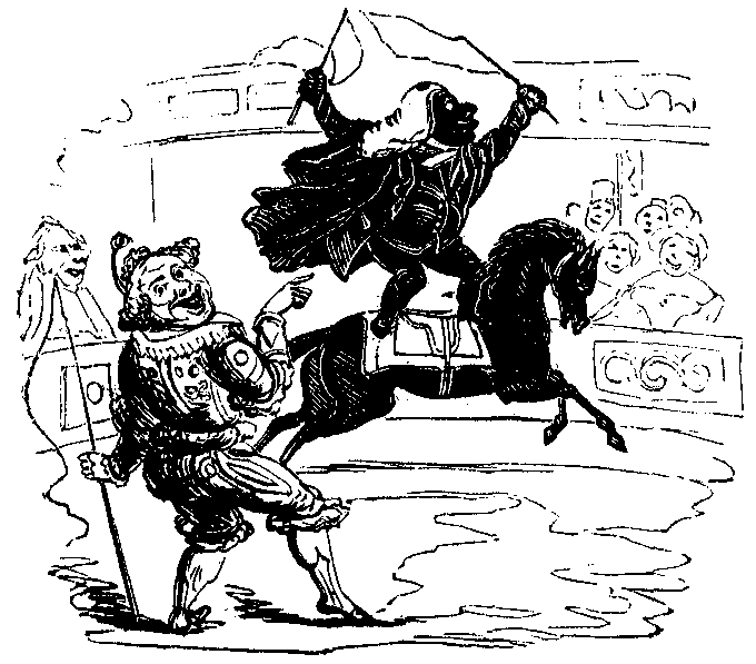 A silhouette standing on the back of a horse which is running in a circus ring.