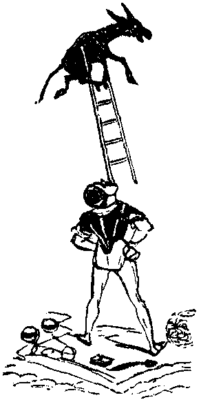 A circus performer balances a ladder with his mouth. A donkey is balancing on top of the ladder.
