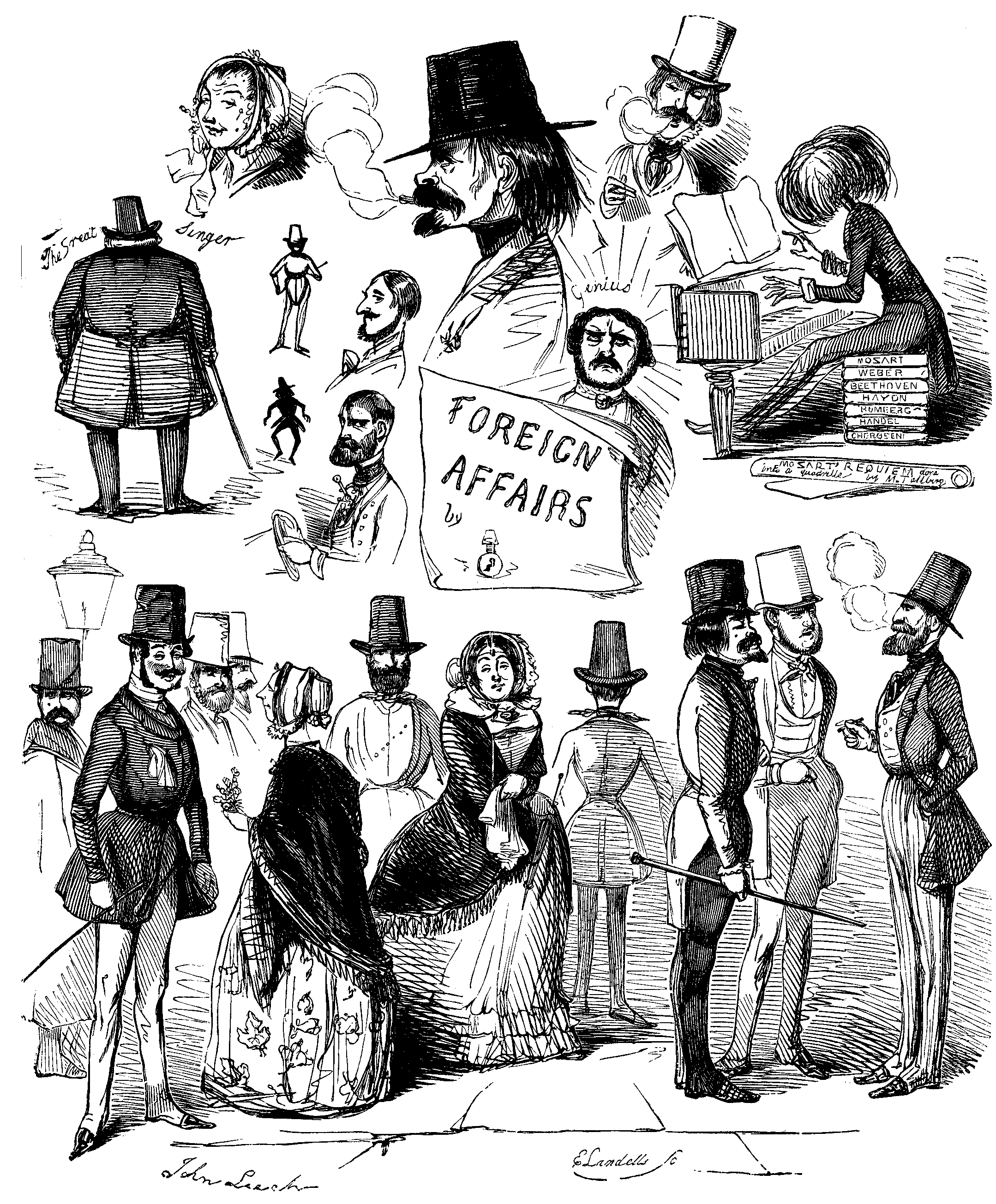 Sketches of people on the top half of the image, and a crowd of fashionable people on the bottom. Signed by John Leach and E. Landells.