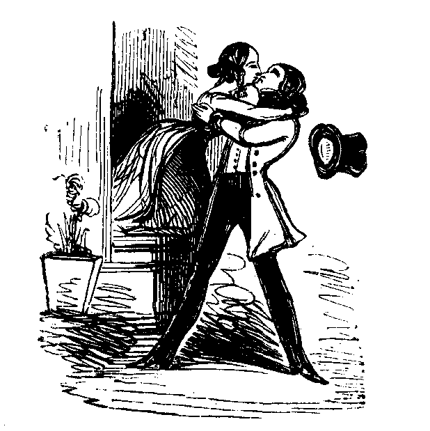 A young woman kisses her beau from a window so hard it knocks his hat off.
