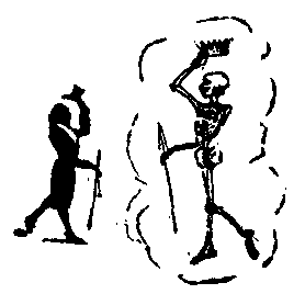 A man tips his hat to a skeleton, who tips his crown in return.