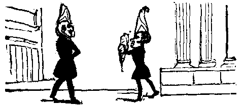 A man in a clown hat hands something to another man in a clown hat.