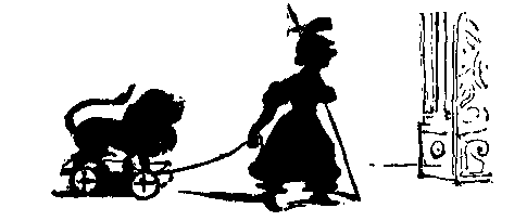 A guard pulls a lion in a toy wagon.