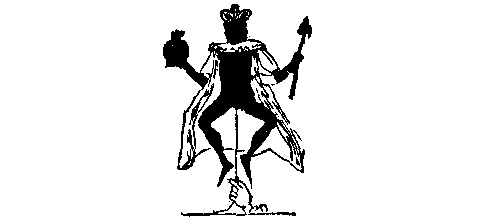 A king-puppet is being worked by a right hand.
