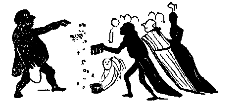 A man throws money to a group of men in robes.