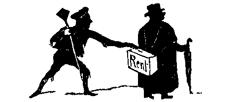 A man carrying a box marked 'RENT' faces away while a uniformed man takes something from it.