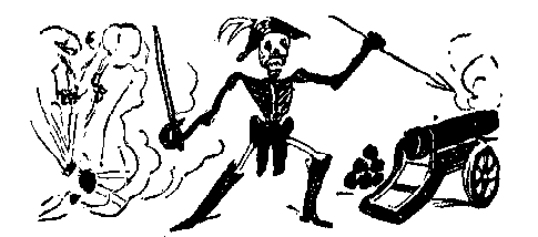 A skelton in military uniform lights a cannon and wields a sword.