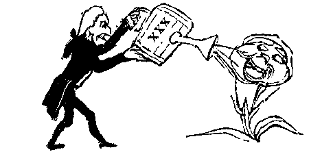 A man pours liquid from a watering can marked XXX into the waiting mouth of a flower.