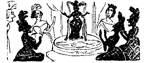A woman on a dias is surrounded by applauding courtiers.