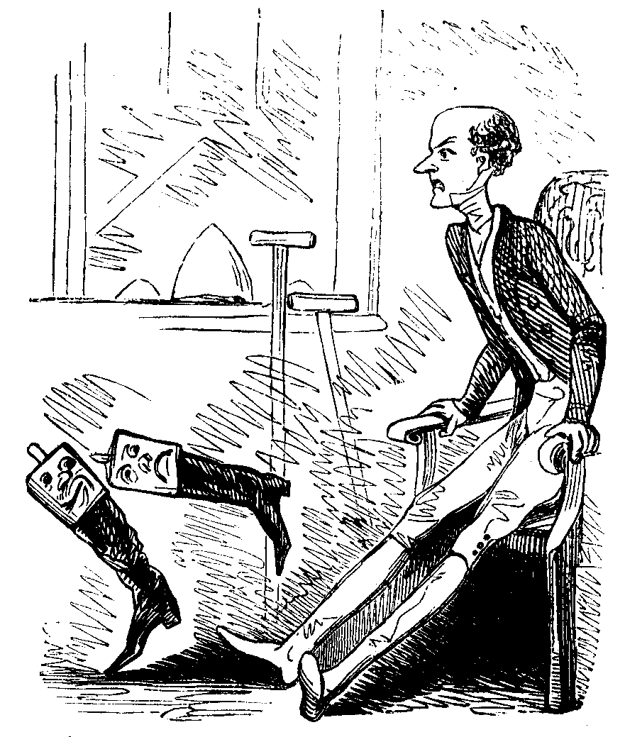 A slender man tries to get out of a chair while his boots run away.