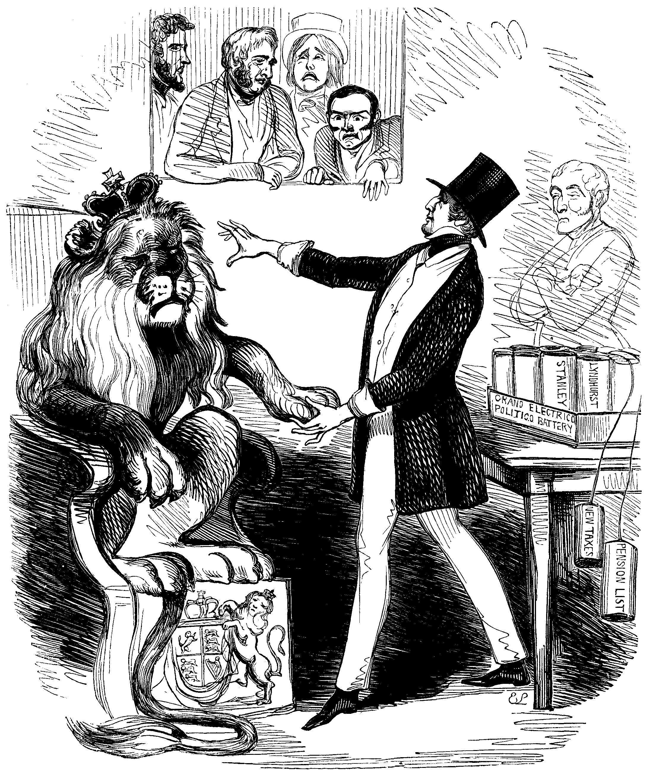 A man in a tophat mesmerises a lion seated in a throne while a ghost and a crowd of people watch.