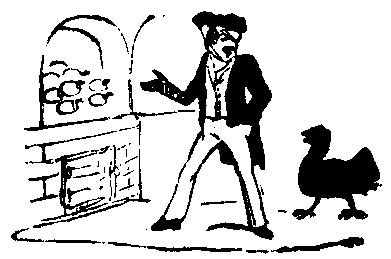 A man takes a chicken into a cellar.