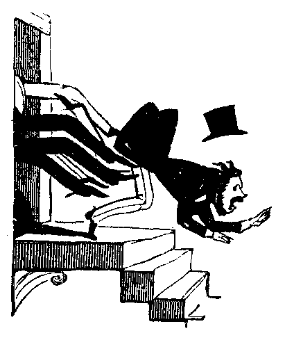 A man gets kicked out of a door by many feet.
