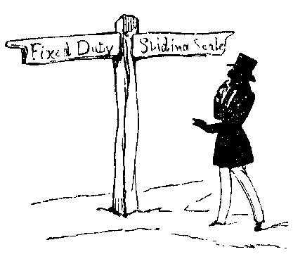 A man stands at a crossroads marked 'Fixed Duty' and 'Sliding Scale'