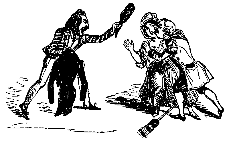 A valet shakes a brush at a gentlemen cuddling a housemaid.
