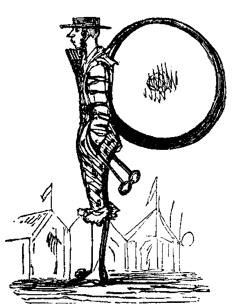 A man holds a bass drum on his back in the shape of a P