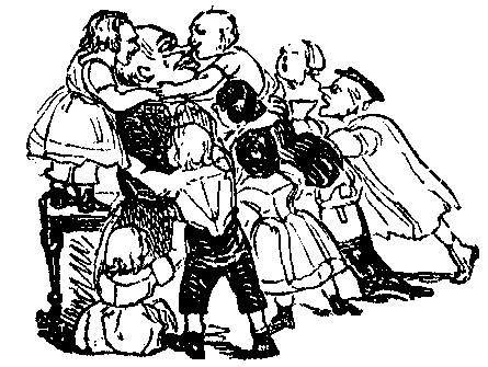 A man is covered with children.