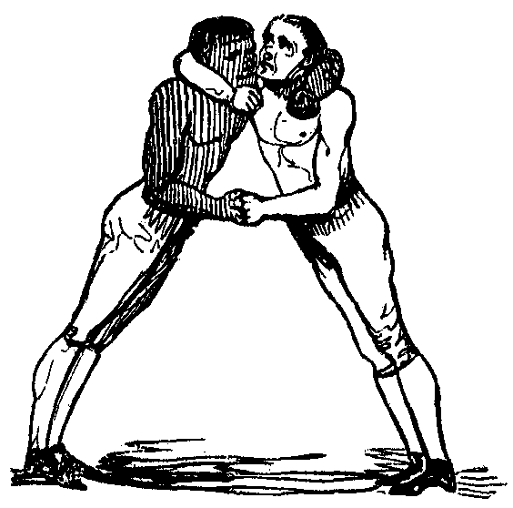 Two wrestling men form the letter A.