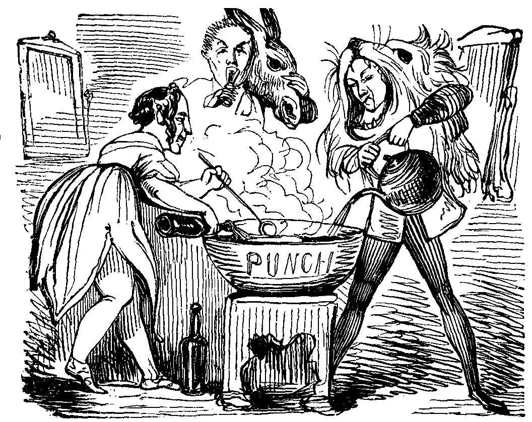 Three characters pour into a bowl marked PUNCH.