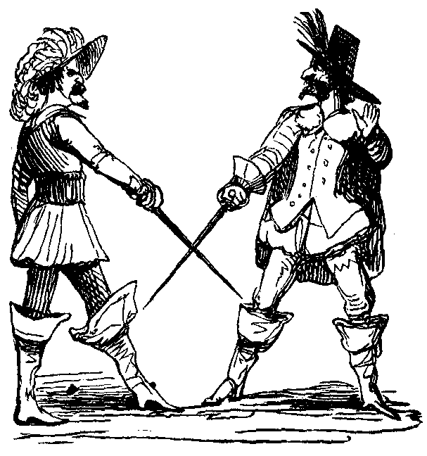 Two men cross swords to make a letter M.