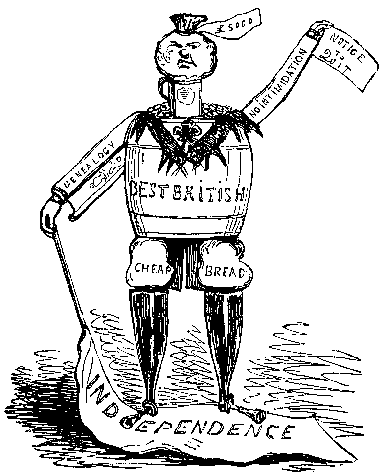 A man made of a whisky barrel (Best British), 'Cheap Bread', etc., standing on a banner marked 'Independence'.