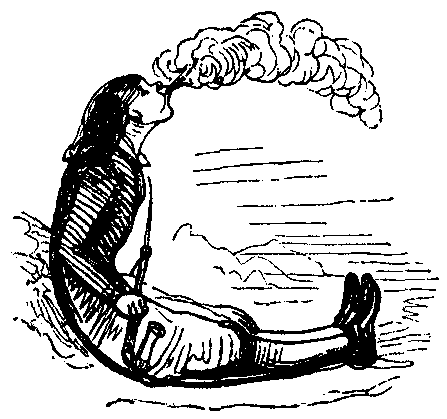 A seated man blows smoke. His body and the plume form the letter C.