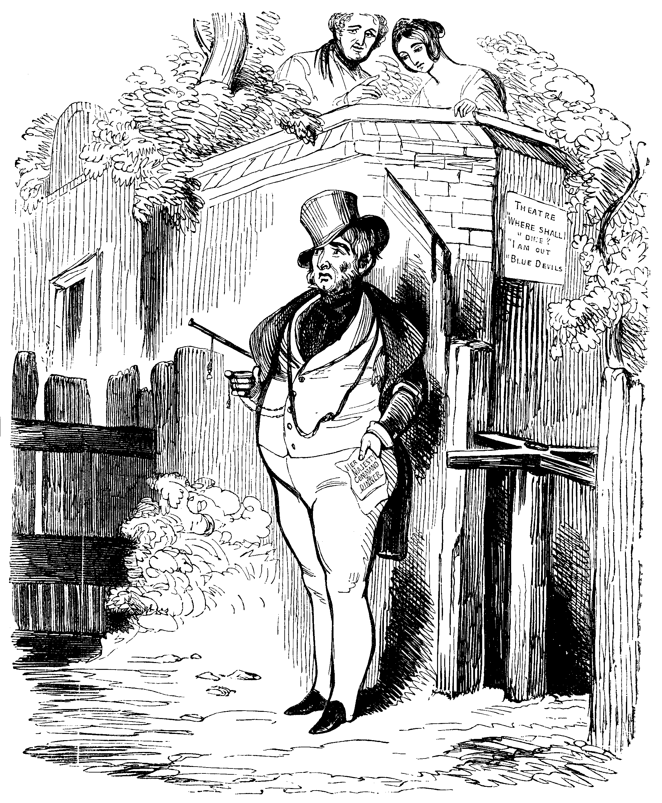 A man holds a paper marked 'Her Majesty's Command to Dinner'