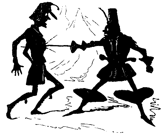 A man stabs another with a rapier.