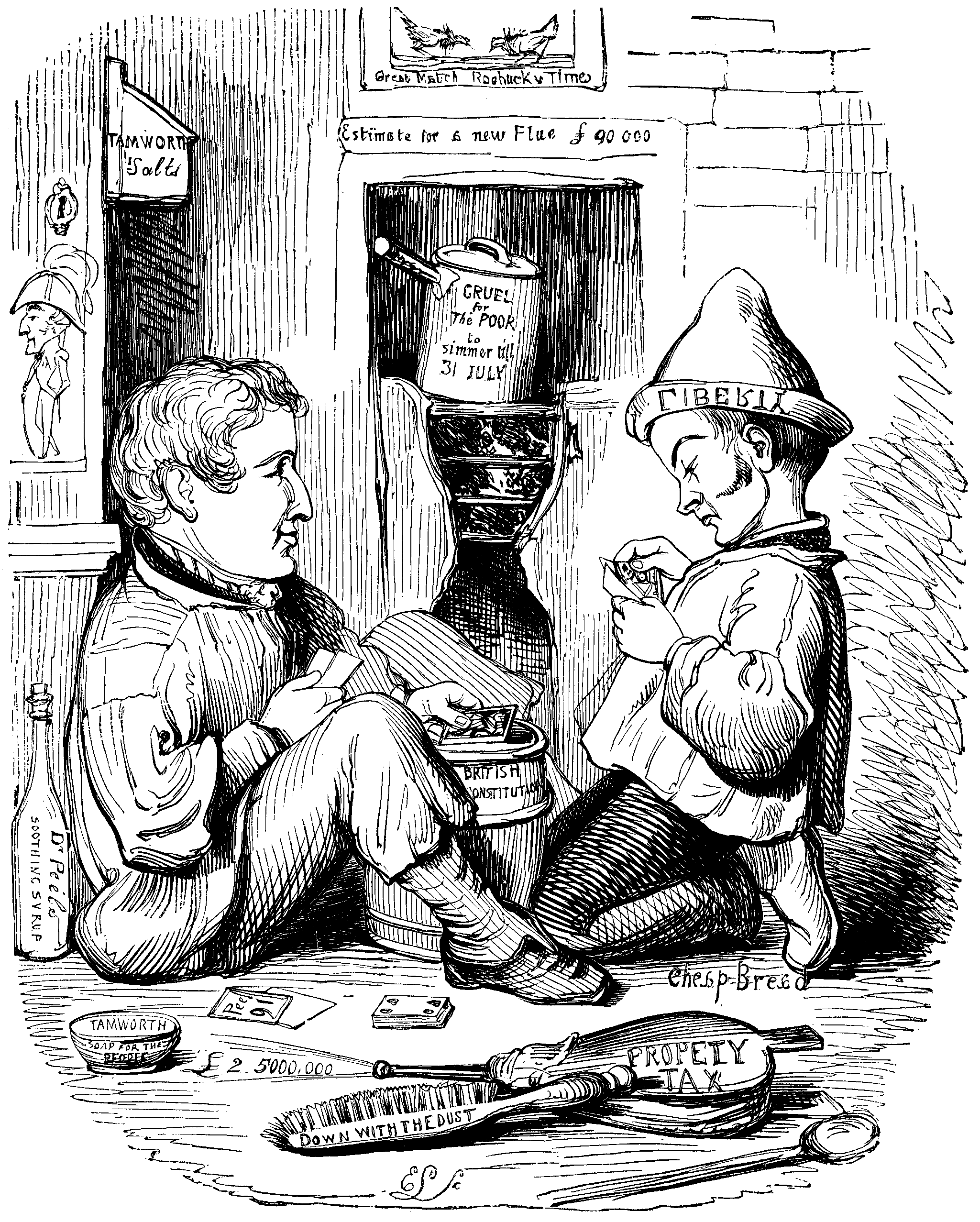 Two men play cards, surrounded by items marked 'Property Tax' and 'Cheap Bread'.