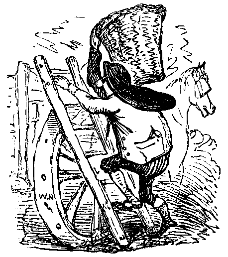 A person scales a ladder to dump a basket in a cart.