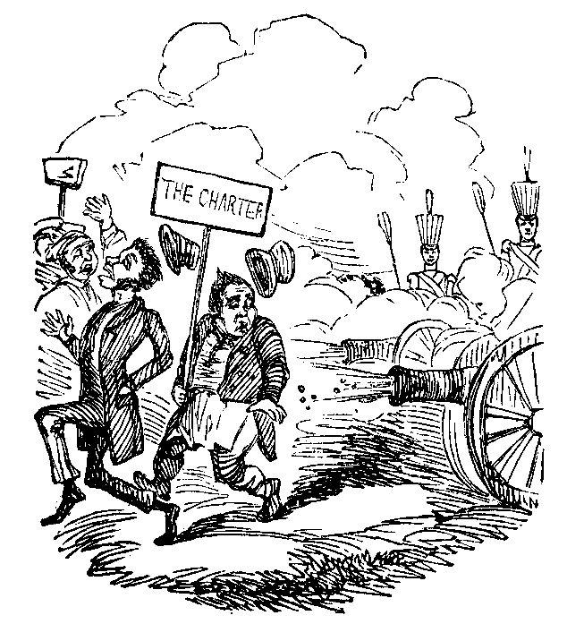 Canons fire on people carrying signs reading 'THE CHARTER'