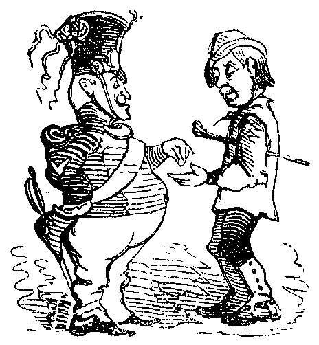 A man gets money from a chubby soldier.
