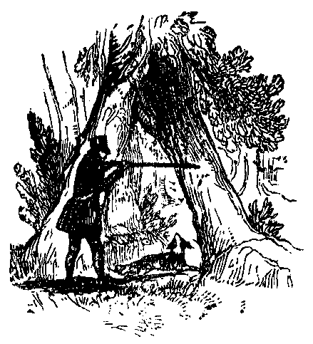 A hunter with a rifle in front of two leaning trees forms a letter A.
