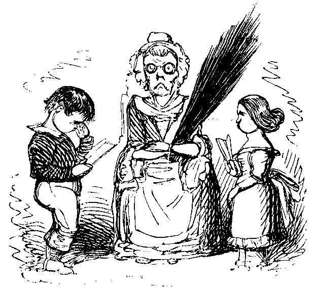 A woman with a bundle of sticks and two contrite-looking children.