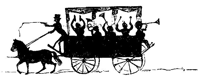 A horse pulls a carriage with a musical band in it.