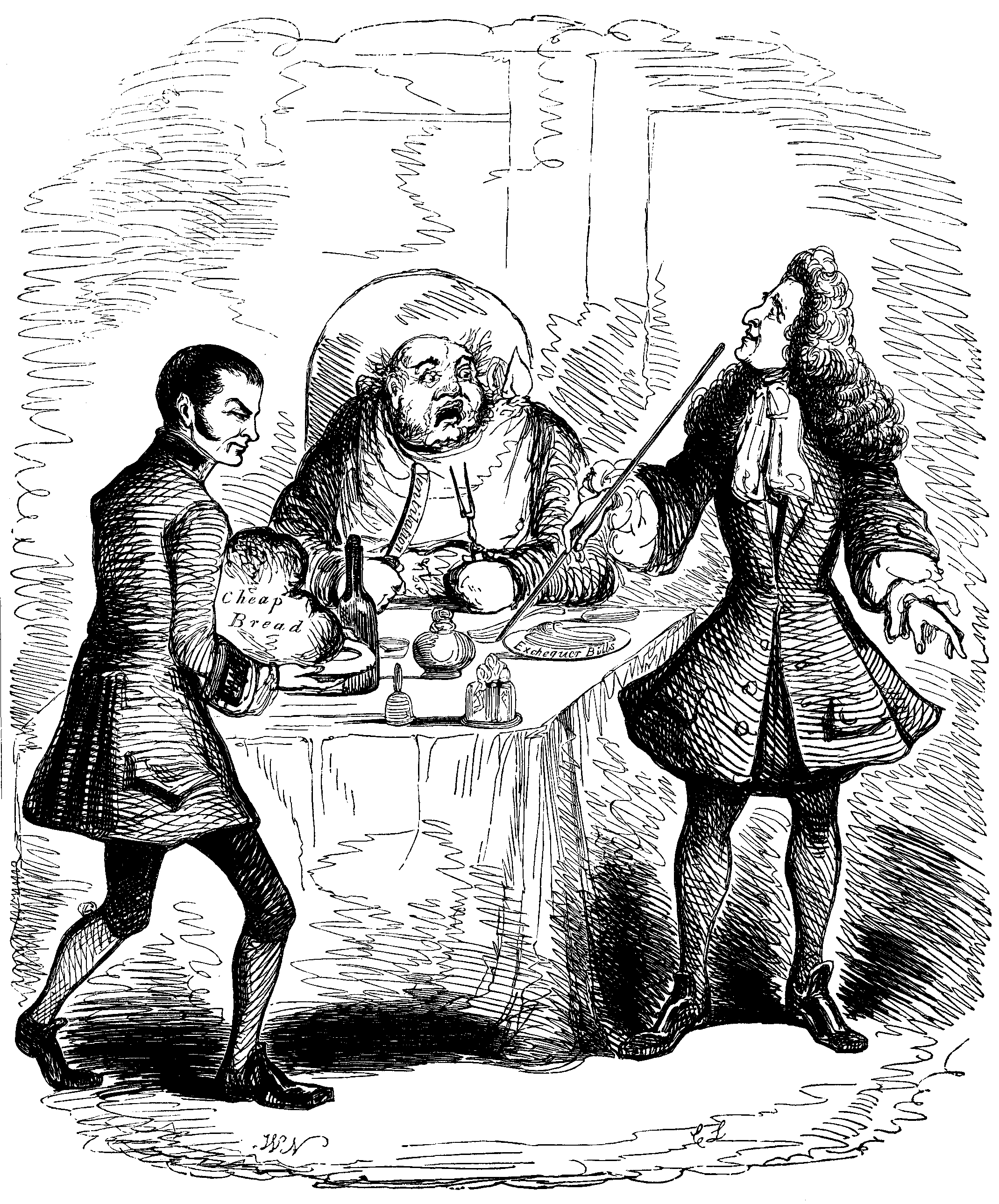 One man sits at a table, while another brings 'Cheap Bread' and a third holds a crop over the table.